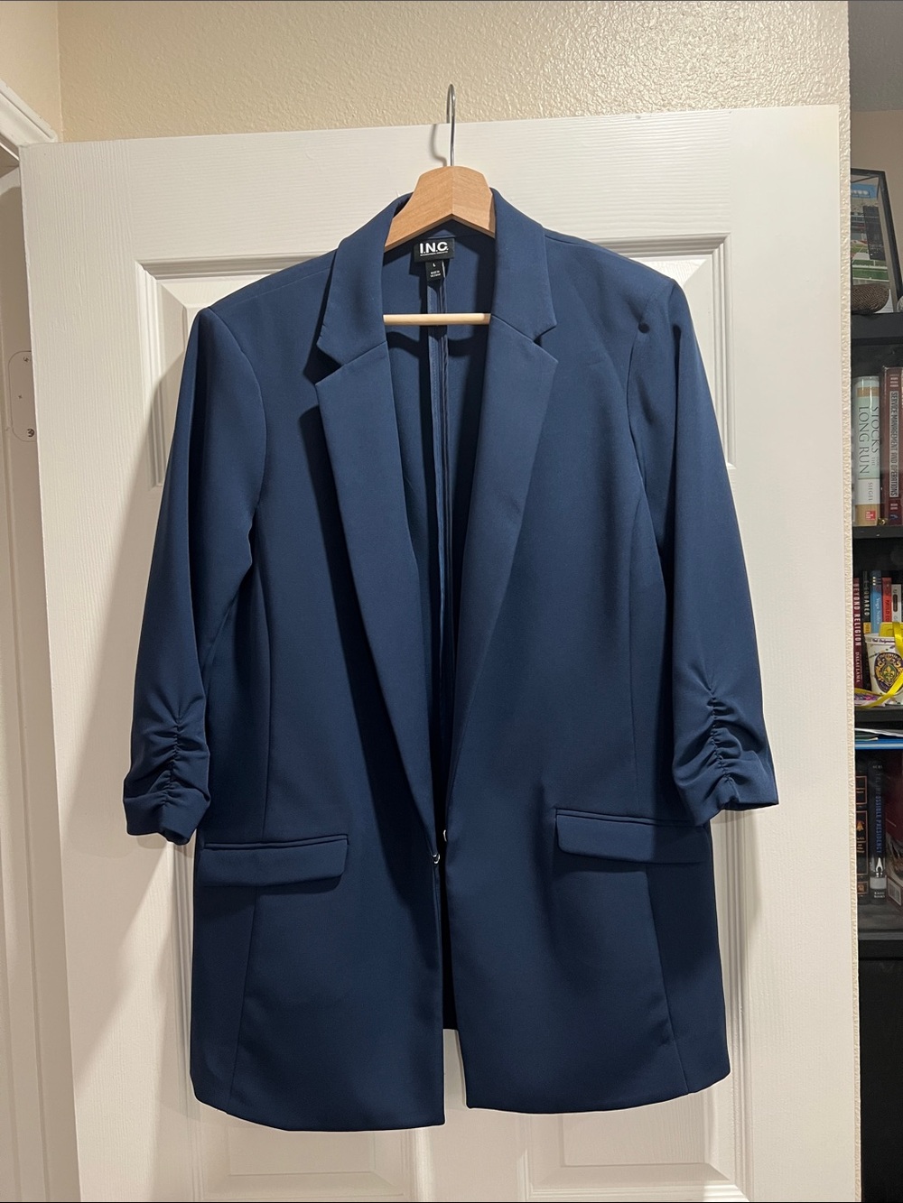 EUC/Like New INC International Concepts Dark Navy Ruched Sleeve Blazer